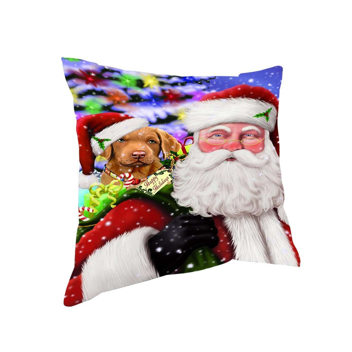 Jolly Old Saint Nick Santa Holding Chesapeake Bay Retriever Dog and Happy Holiday Gifts Throw Pillow