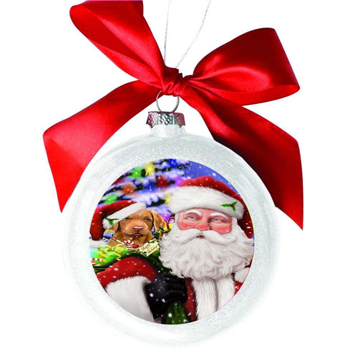 Jolly Old Saint Nick Santa Holding Chesapeake Bay Retriever Dog and Happy Holiday Gifts White Round Ball Christmas Ornament WBSOR48834