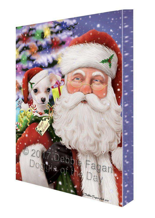 Jolly Old Saint Nick Santa Holding Chihuahua Dog and Happy Holiday Gifts Canvas Wall Art