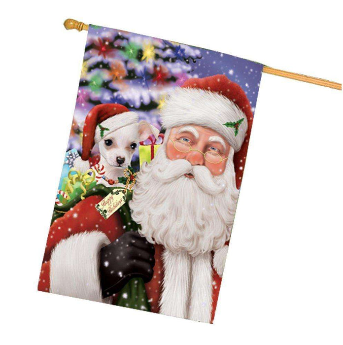 Jolly Old Saint Nick Santa Holding Chihuahua Dog and Happy Holiday Gifts House Flag