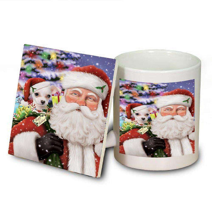 Jolly Old Saint Nick Santa Holding Chihuahua Dog and Happy Holiday Gifts Mug and Coaster Set