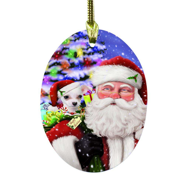 Jolly Old Saint Nick Santa Holding Chihuahua Dog and Happy Holiday Gifts Oval Glass Christmas Ornament OGOR48835