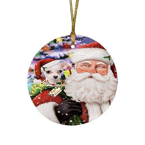 Jolly Old Saint Nick Santa Holding Chihuahua Dog and Happy Holiday Gifts Round Christmas Ornament