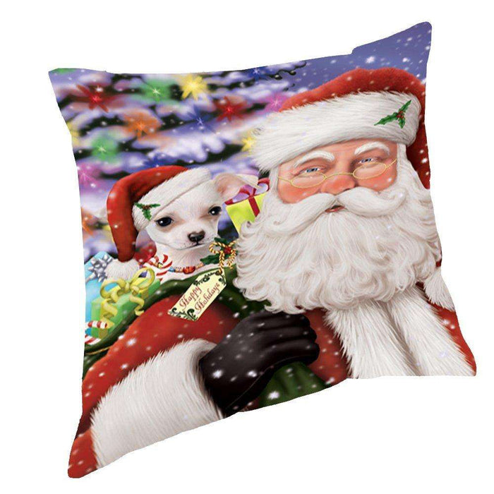Jolly Old Saint Nick Santa Holding Chihuahua Dog and Happy Holiday Gifts Throw Pillow