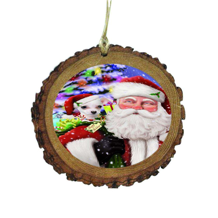 Jolly Old Saint Nick Santa Holding Chihuahua Dog and Happy Holiday Gifts Wooden Christmas Ornament WOR48835