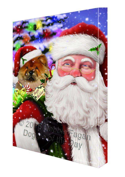 Jolly Old Saint Nick Santa Holding Chow Chow Dog and Happy Holiday Gifts Canvas Wall Art