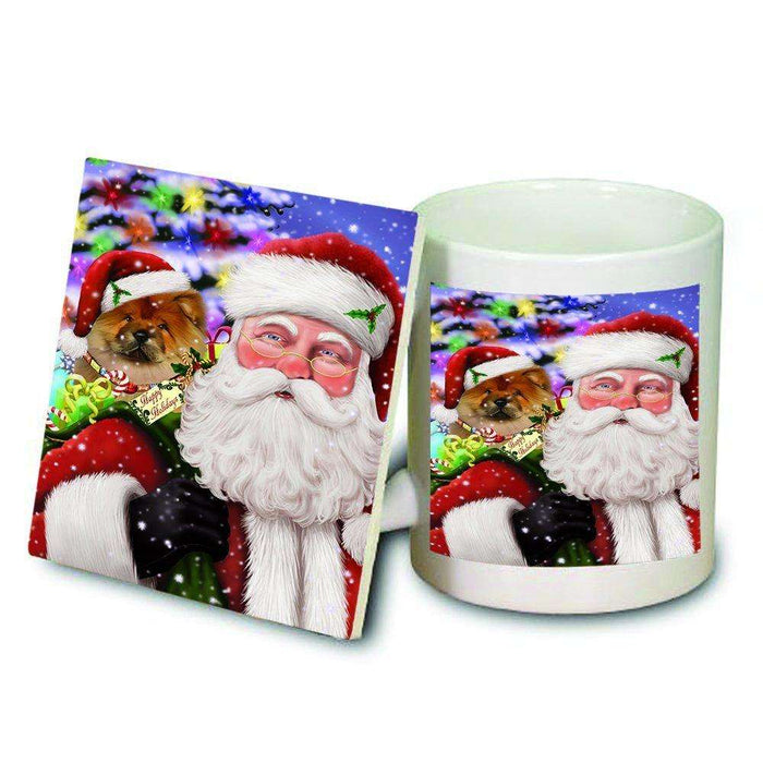 Jolly Old Saint Nick Santa Holding Chow Chow Dog and Happy Holiday Gifts Mug and Coaster Set