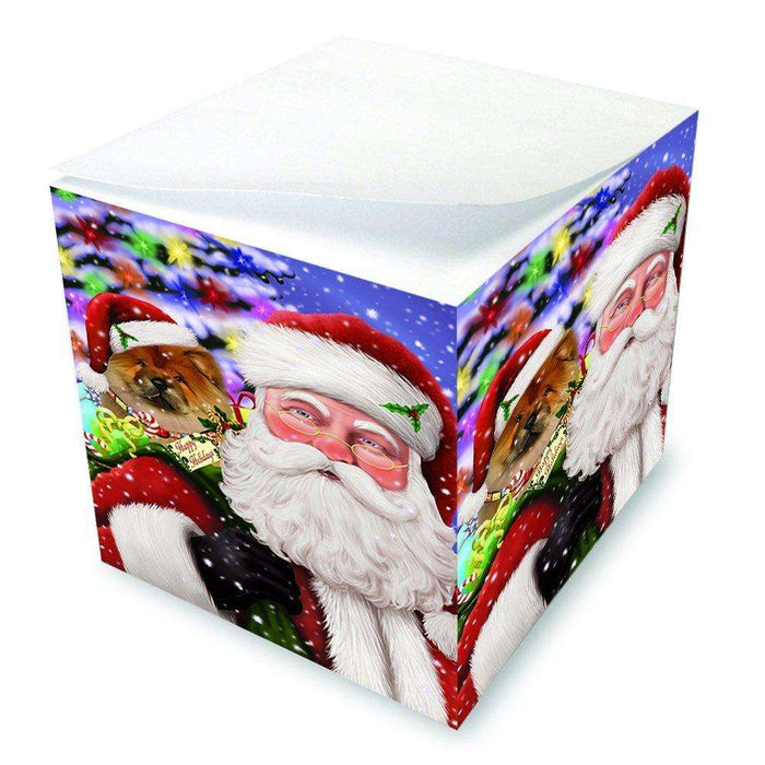 Jolly Old Saint Nick Santa Holding Chow Chow Dog and Happy Holiday Gifts Note Cube D234