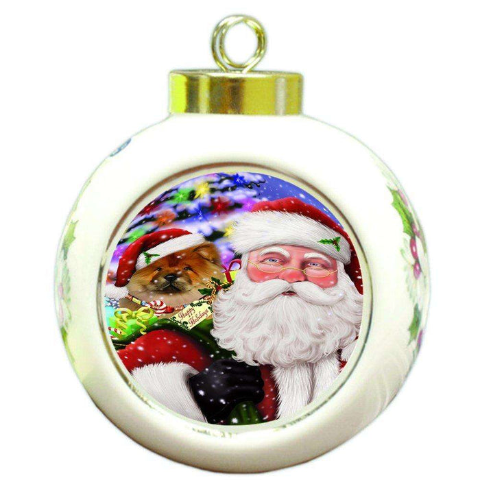 Jolly Old Saint Nick Santa Holding Chow Chow Dog and Happy Holiday Gifts Round Ball Christmas Ornament D204