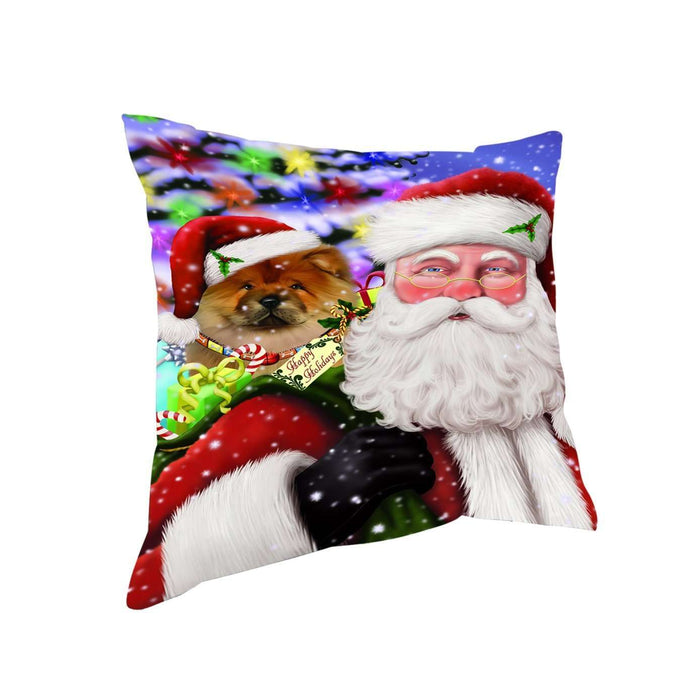 Jolly Old Saint Nick Santa Holding Chow Chow Dog and Happy Holiday Gifts Throw Pillow