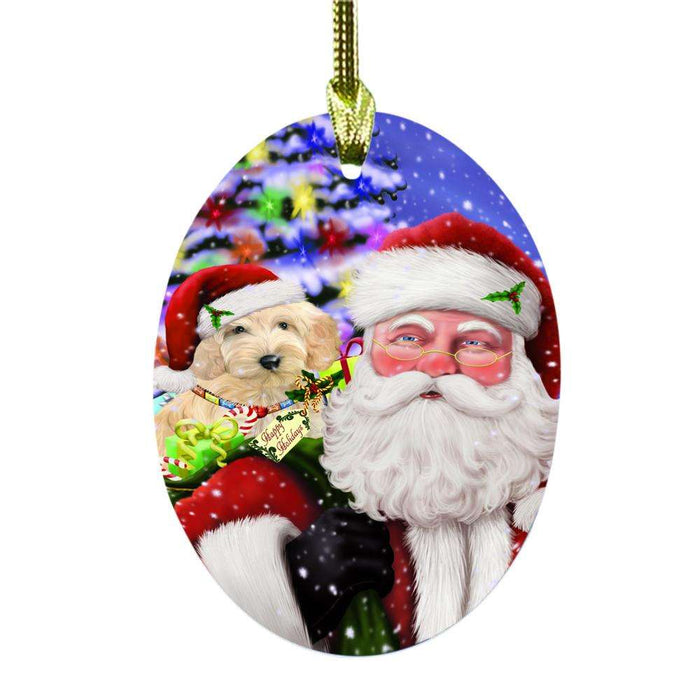 Jolly Old Saint Nick Santa Holding Cockapoo Dog and Happy Holiday Gifts Oval Glass Christmas Ornament OGOR48839