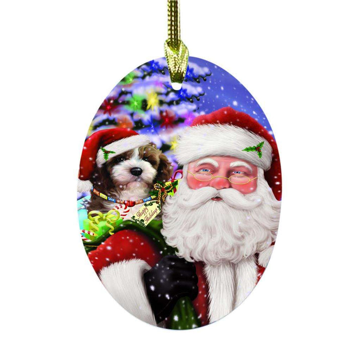 Jolly Old Saint Nick Santa Holding Cockapoo Dog and Happy Holiday Gifts Oval Glass Christmas Ornament OGOR48840