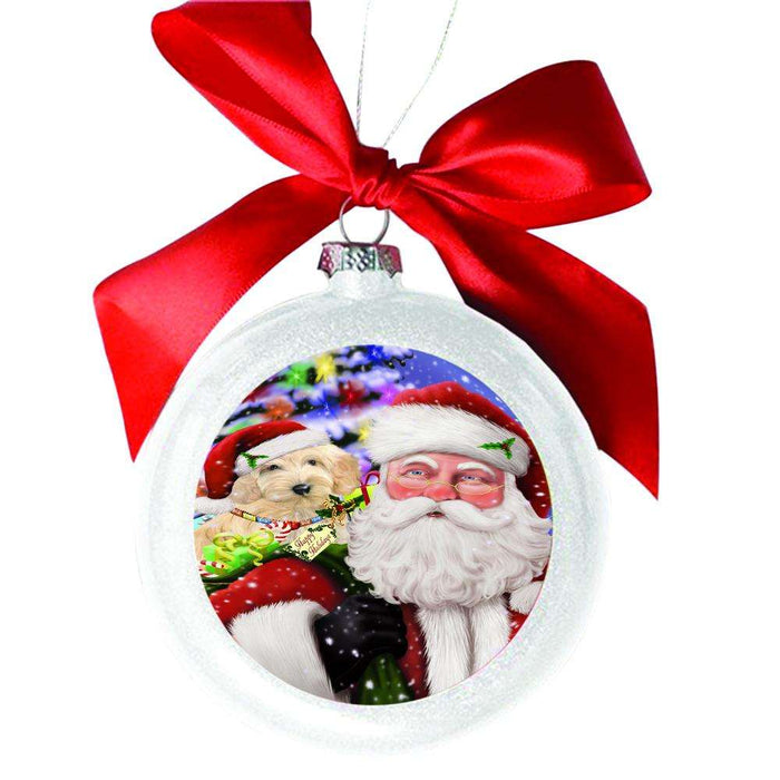 Jolly Old Saint Nick Santa Holding Cockapoo Dog and Happy Holiday Gifts White Round Ball Christmas Ornament WBSOR48839