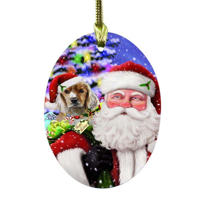 Jolly Old Saint Nick Santa Holding Cocker Spaniel Dog and Happy Holiday Gifts Oval Glass Christmas Ornament OGOR48841
