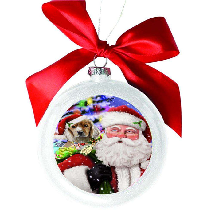 Jolly Old Saint Nick Santa Holding Cocker Spaniel Dog and Happy Holiday Gifts White Round Ball Christmas Ornament WBSOR48841