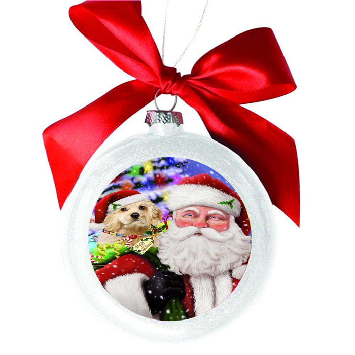 Jolly Old Saint Nick Santa Holding Cocker Spaniel Dog and Happy Holiday Gifts White Round Ball Christmas Ornament WBSOR48842