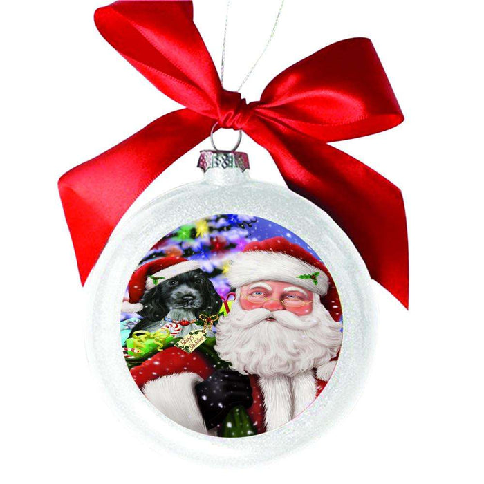 Jolly Old Saint Nick Santa Holding Cocker Spaniel Dog and Happy Holiday Gifts White Round Ball Christmas Ornament WBSOR48844