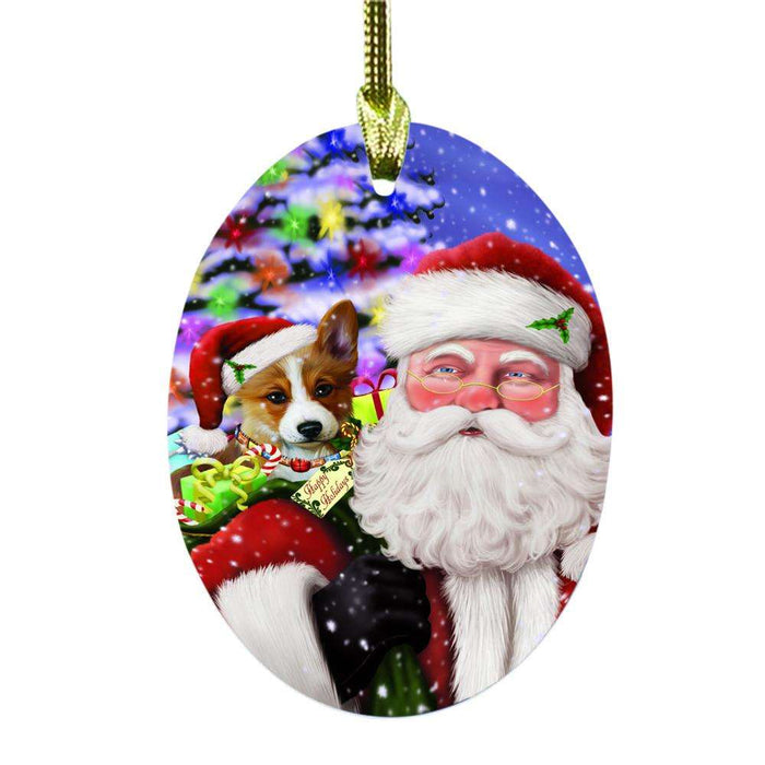 Jolly Old Saint Nick Santa Holding Corgi Dog and Happy Holiday Gifts Oval Glass Christmas Ornament OGOR48845