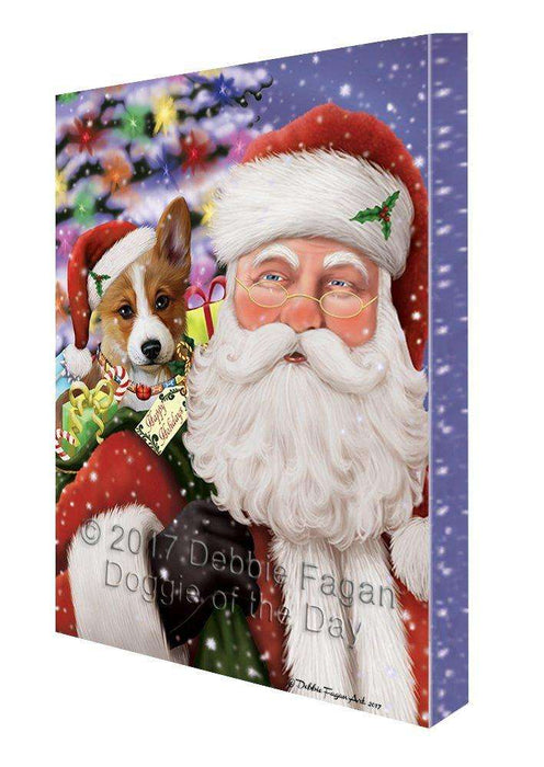 Jolly Old Saint Nick Santa Holding Corgis Dog and Happy Holiday Gifts Canvas Wall Art