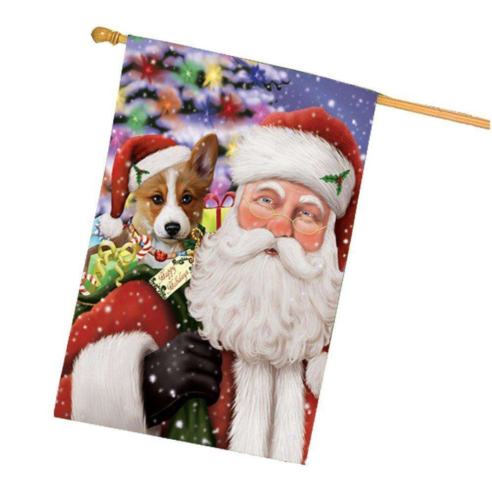 Jolly Old Saint Nick Santa Holding Corgis Dog and Happy Holiday Gifts House Flag