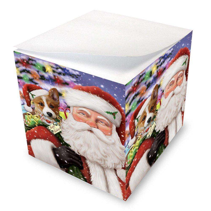 Jolly Old Saint Nick Santa Holding Corgis Dog and Happy Holiday Gifts Note Cube D190
