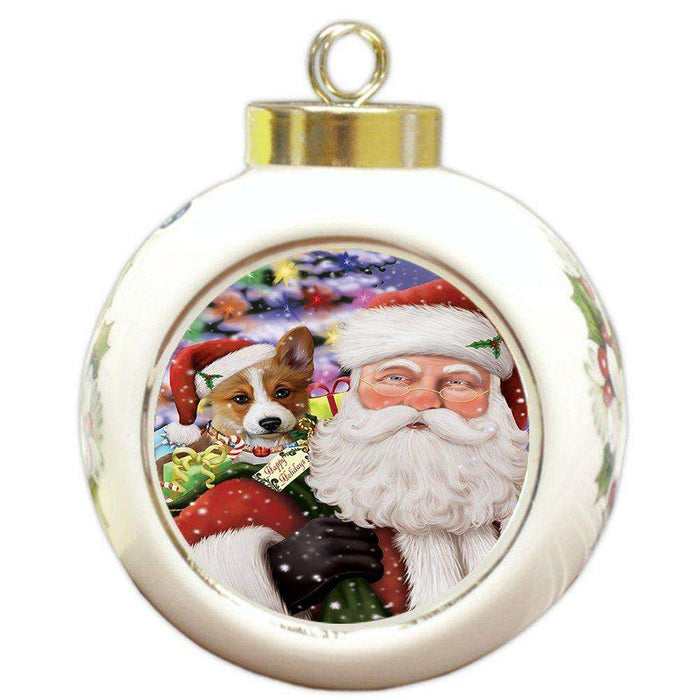 Jolly Old Saint Nick Santa Holding Corgis Dog and Happy Holiday Gifts Round Ball Christmas Ornament