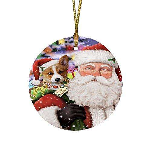 Jolly Old Saint Nick Santa Holding Corgis Dog and Happy Holiday Gifts Round Christmas Ornament