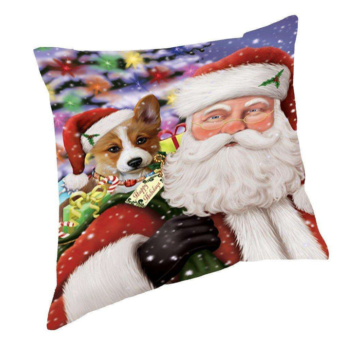 Jolly Old Saint Nick Santa Holding Corgis Dog and Happy Holiday Gifts Throw Pillow