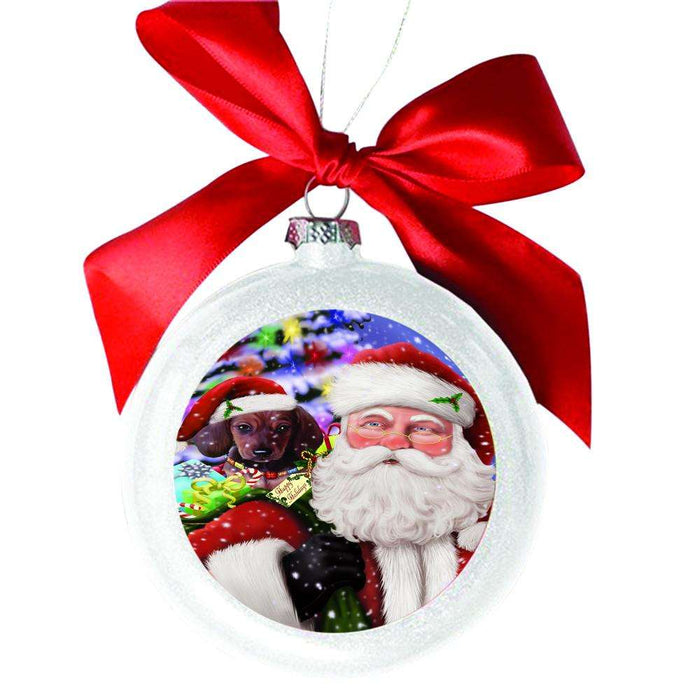 Jolly Old Saint Nick Santa Holding Dachshund Dog and Happy Holiday Gifts White Round Ball Christmas Ornament WBSOR48846