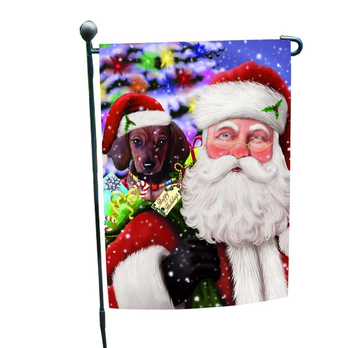 Jolly Old Saint Nick Santa Holding Dachshunds Dog and Happy Holiday Gifts Garden Flag