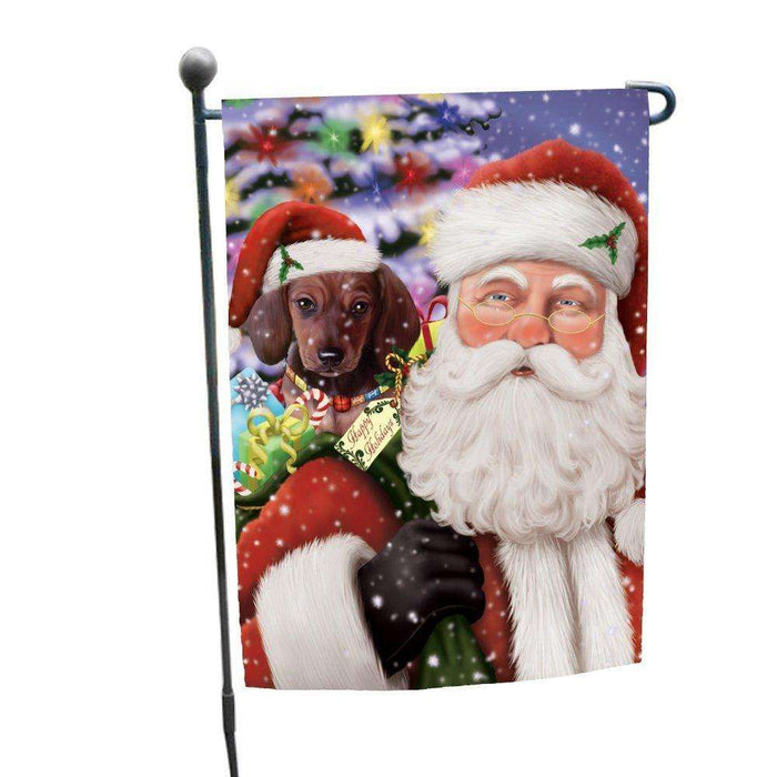 Jolly Old Saint Nick Santa Holding Dachshunds Dog and Happy Holiday Gifts Garden Flag