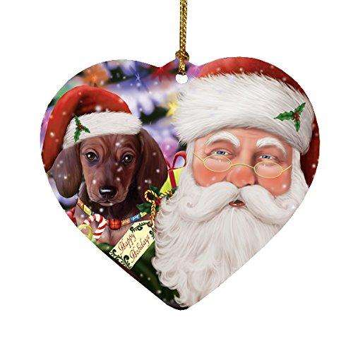 Jolly Old Saint Nick Santa Holding Dachshunds Dog and Happy Holiday Gifts Heart Christmas Ornament