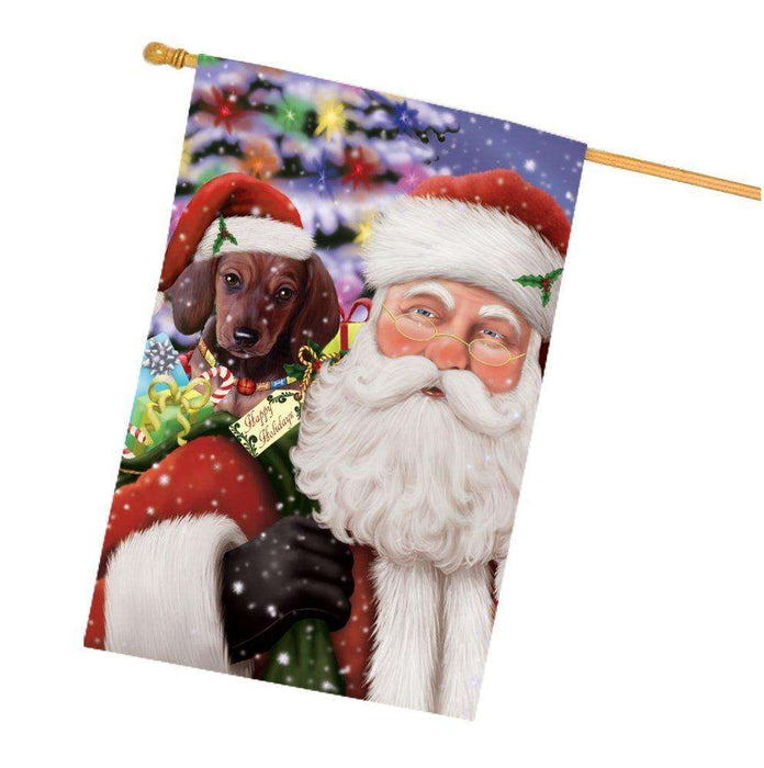 Jolly Old Saint Nick Santa Holding Dachshunds Dog and Happy Holiday Gifts House Flag