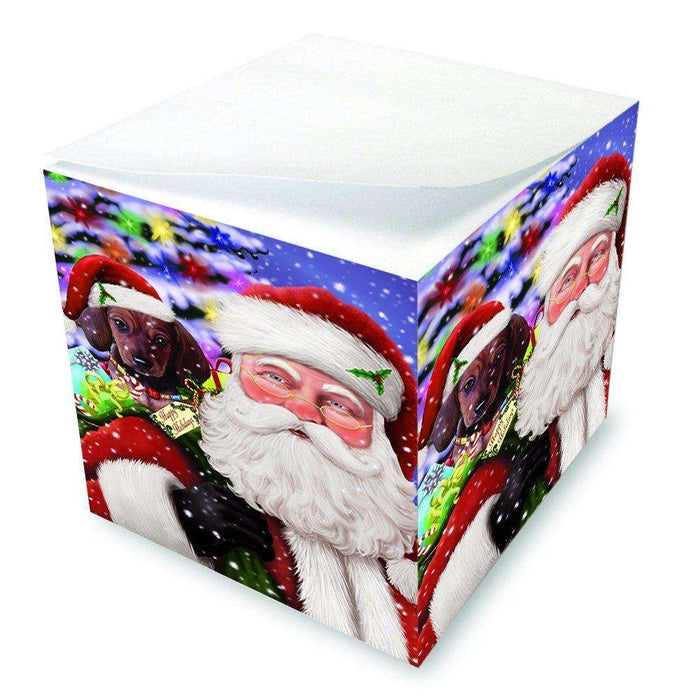 Jolly Old Saint Nick Santa Holding Dachshunds Dog and Happy Holiday Gifts Note Cube D212