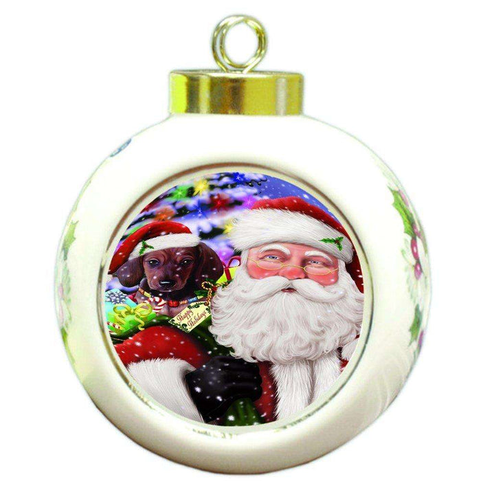 Jolly Old Saint Nick Santa Holding Dachshunds Dog and Happy Holiday Gifts Round Ball Christmas Ornament D182