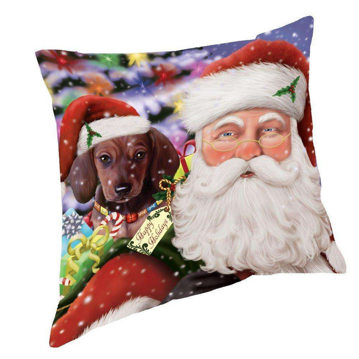 Jolly Old Saint Nick Santa Holding Dachshunds Dog and Happy Holiday Gifts Throw Pillow