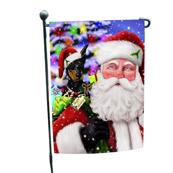Jolly Old Saint Nick Santa Holding Doberman Dog and Happy Holiday Gifts Garden Flag