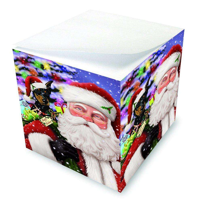 Jolly Old Saint Nick Santa Holding Doberman Dog and Happy Holiday Gifts Note Cube D213