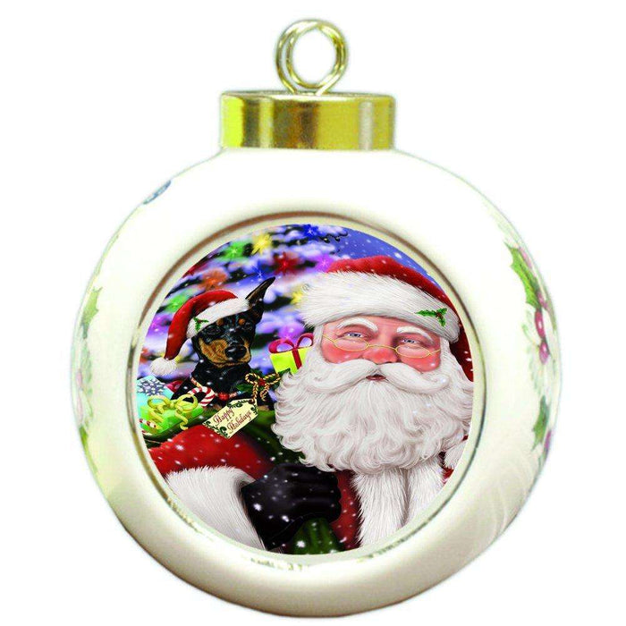Jolly Old Saint Nick Santa Holding Doberman Dog and Happy Holiday Gifts Round Ball Christmas Ornament D183