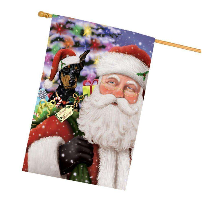 Jolly Old Saint Nick Santa Holding Doberman Pinschers Dog and Happy Holiday Gifts House Flag
