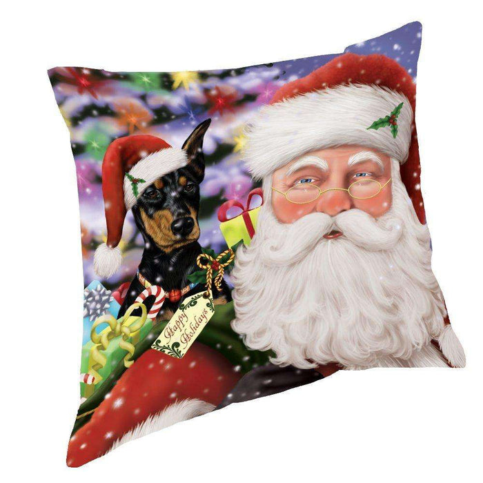 Jolly Old Saint Nick Santa Holding Doberman Pinschers Dog and Happy Holiday Gifts Throw Pillow