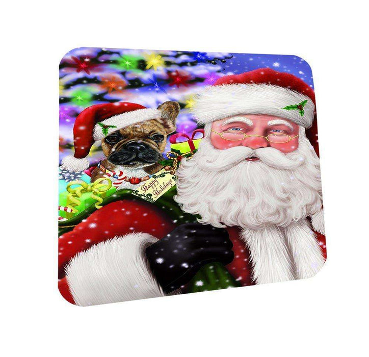 Jolly Old Saint Nick Santa Holding French Bulldogs Dog and Happy Holiday Gifts Coasters Set of 4