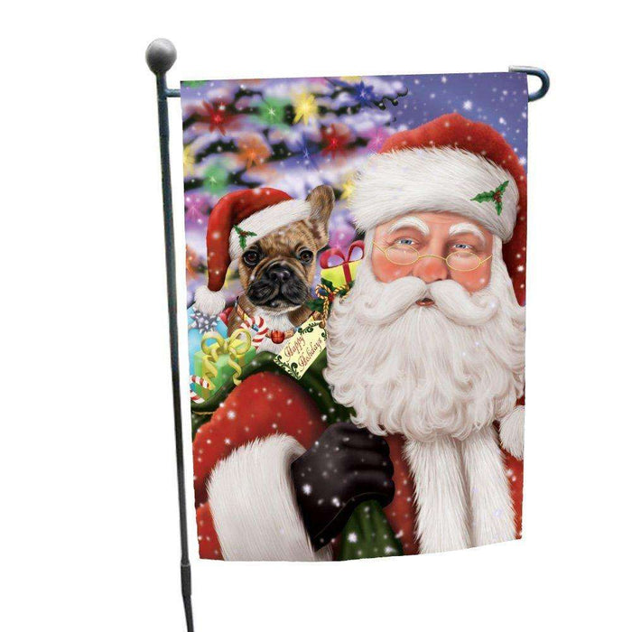 Jolly Old Saint Nick Santa Holding French Bulldogs Dog and Happy Holiday Gifts Garden Flag