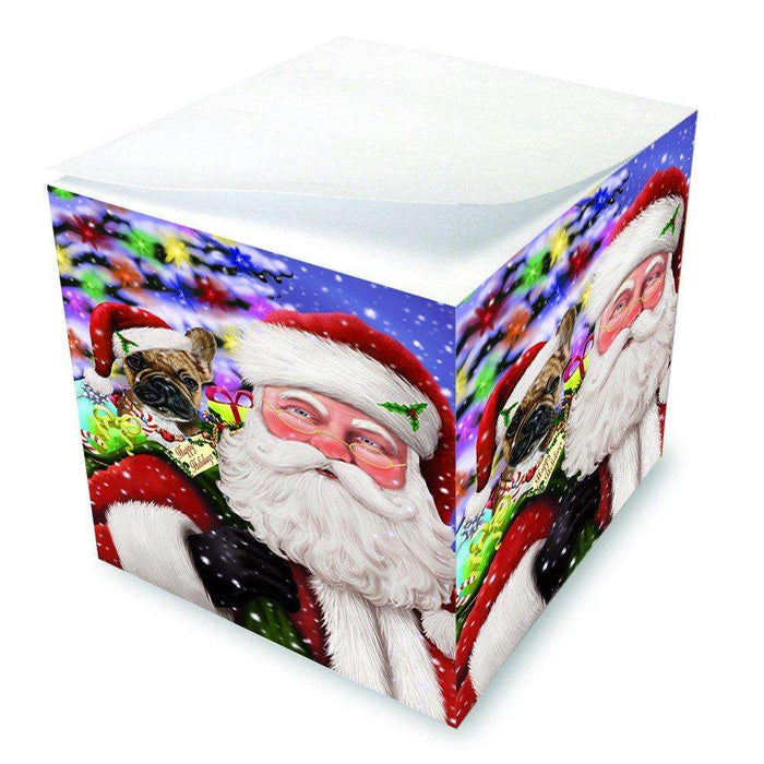 Jolly Old Saint Nick Santa Holding French Bulldogs Dog and Happy Holiday Gifts Note Cube D214
