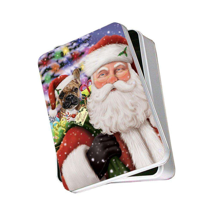 Jolly Old Saint Nick Santa Holding French Bulldogs Dog and Happy Holiday Gifts Photo Storage Tin