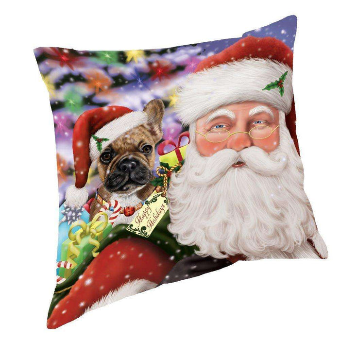 Jolly Old Saint Nick Santa Holding French Bulldogs Dog and Happy Holiday Gifts Throw Pillow
