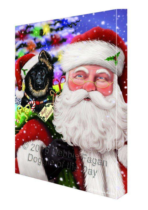 Jolly Old Saint Nick Santa Holding German Shepherd Dog and Happy Holiday Gifts Canvas Wall Art