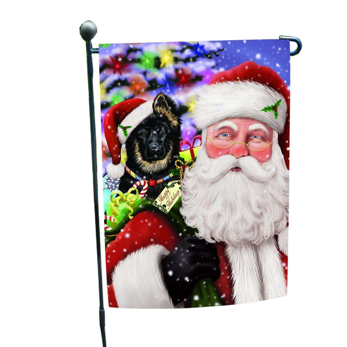 Jolly Old Saint Nick Santa Holding German Shepherd Dog and Happy Holiday Gifts Garden Flag