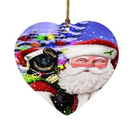 Jolly Old Saint Nick Santa Holding German Shepherd Dog and Happy Holiday Gifts Heart Christmas Ornament D205