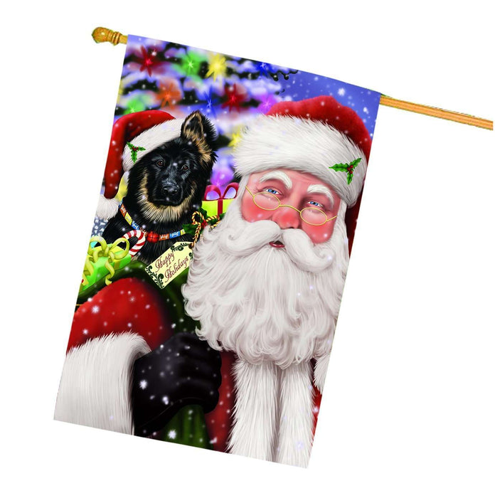 Jolly Old Saint Nick Santa Holding German Shepherd Dog and Happy Holiday Gifts House Flag